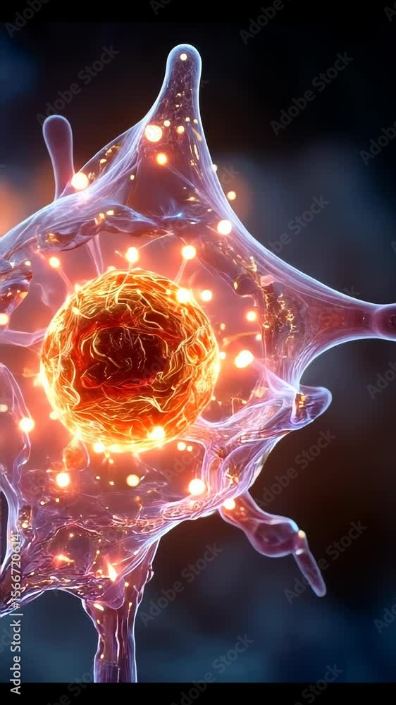 Poster abstract glowing biological cell structure with vibrant orange core and electric light particles flo