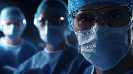 Three surgeons wearing blue scrubs and blue surgical masks