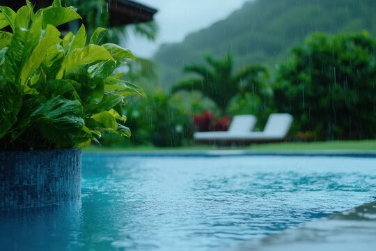A pool with a green plant in a blue planter