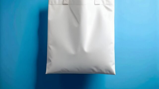 Plain white tote bag hanging against vibrant blue background ready for customization