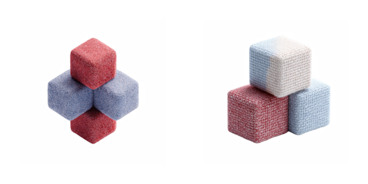 Two arrangements of stacked cubes in red white and blue on a black background