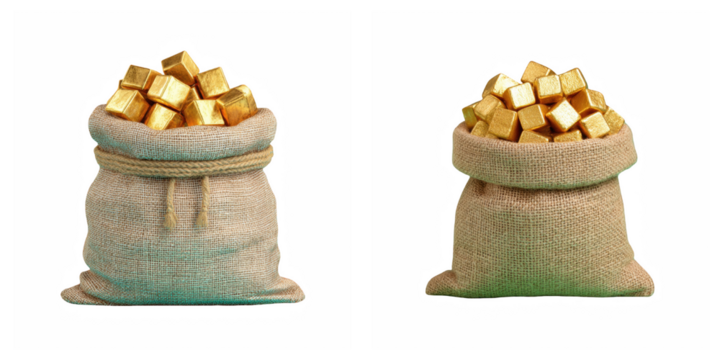 Two burlap sacks filled with golden cubes against a stark black background scene