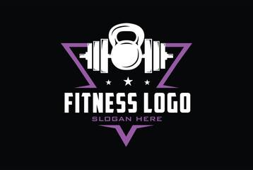 Gym, fitness Logo Icon Design with kettlebell and barbell  in triangle shape.