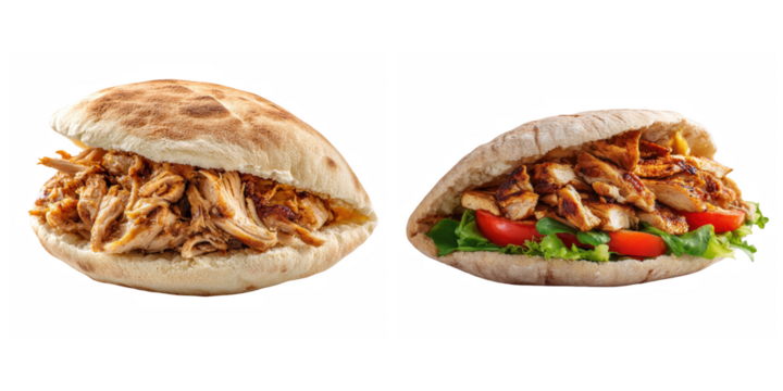 Two pita bread sandwiches filled with chicken and vegetables on a black background