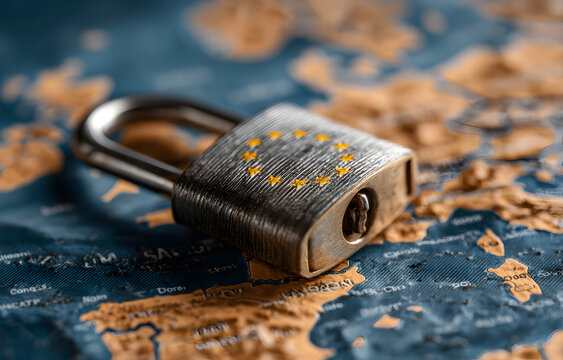 Padlock and EU flag inside a smartphone and EU map, GDPR, DORA and ePrivacy metaphor