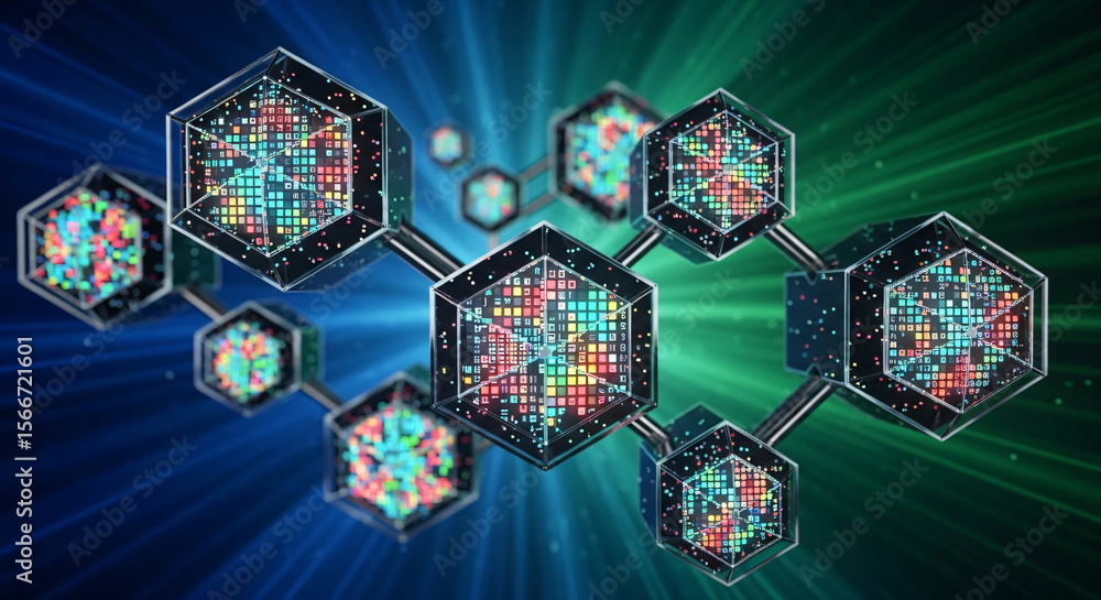 Poster decentralized network of connected polygonal blocks with glowing data elements. blockchain technolog