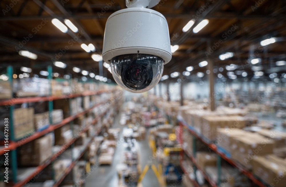 Poster high-tech security camera monitors a busy warehouse, ensuring safety and efficient operations within