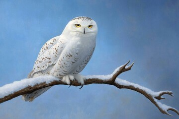 A white owl is perched on a branch in the snow
