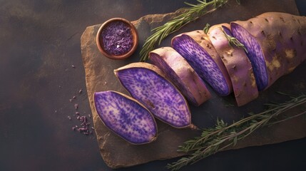 Purple yam slices on a rustic board with herbs and seasoning.