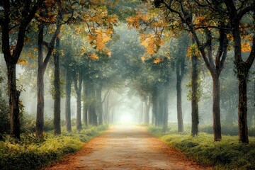 Fototapeta premium A path through a forest with trees on either side