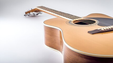 Fototapeta premium A single acoustic guitar isolated on white, showcasing detailed craftsmanship in a studio setting.