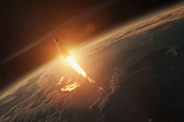 A rocket is flying through space and leaving a trail of smoke behind it