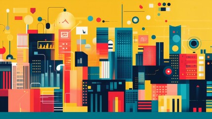 Fototapeta premium Abstract cityscape illustration with geometric shapes and vibrant colors, depicting a modern and technological city.
