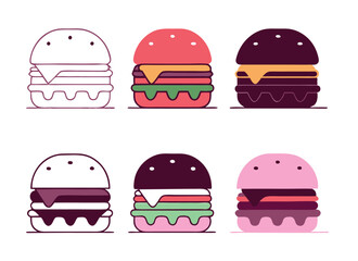 Hamburger different styles icon set. Hamburger Icon Packs Fast Food Line Art Collection Burger set vector design.