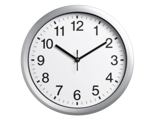 Clean Office Wall Clock – White Face and Silver Frame – Front View Transparent Background PNG