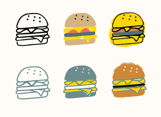 Hamburger different styles icon set. Hamburger Icon Packs Fast Food Line Art Collection Burger set vector design.