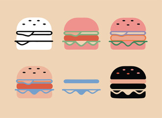 Hamburger different styles icon set. Hamburger Icon Packs Fast Food Line Art Collection Burger set vector design.