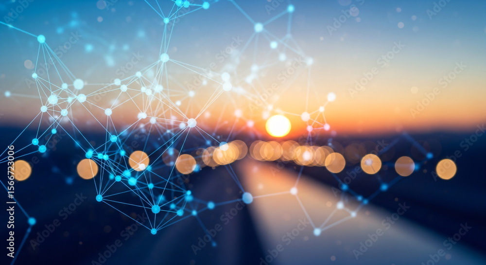 Poster blue abstract network connection on blurred city background. artificial intelligence technology in d
