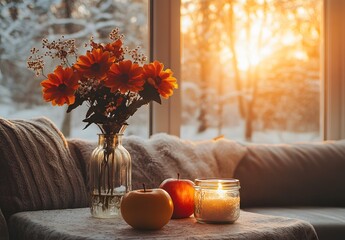 To enhance the beauty of the room, placing a beautiful vase decorated with flowers and a candle on a table in one corner of the room is an idea to create a cozy atmosphere in the room.