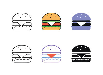 Hamburger different styles icon set. Hamburger Icon Packs Fast Food Line Art Collection Burger set vector design.