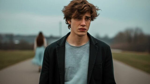 Sad Young Man Holding a Single Red Rose - A young man with brown, wavy hair stands on a road holding a single red rose, looking downcast.