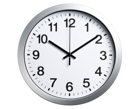 Clean Office Wall Clock – White Face and Silver Frame – Front View Transparent Background PNG
