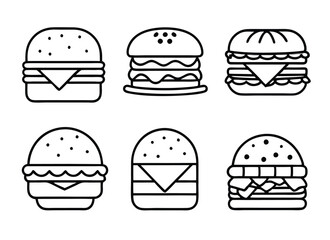 Hamburger different styles icon set. Hamburger Icon Packs Fast Food Line Art Collection Burger set vector design.