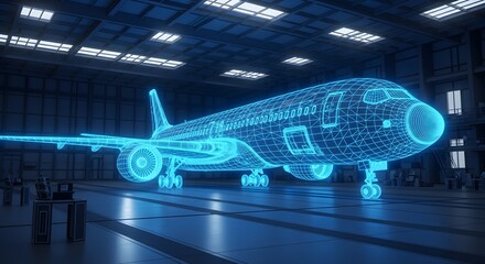 A wireframe model of an airplane displayed in a hangar with visible windows and lighting fixtures