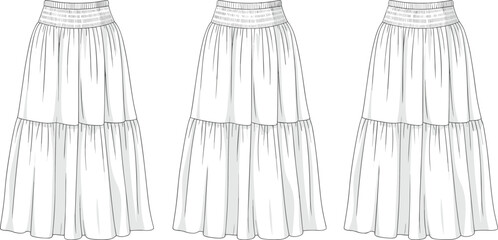 Women’s gathered skirt, two-tier skirt, elastic waistband, fashion flat, boho midi skirt, front view, layered skirt, digital sketch, vector fashion
