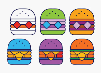 Hamburger different styles icon set. Hamburger Icon Packs Fast Food Line Art Collection Burger set vector design.