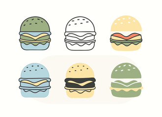 Hamburger different styles icon set. Hamburger Icon Packs Fast Food Line Art Collection Burger set vector design.