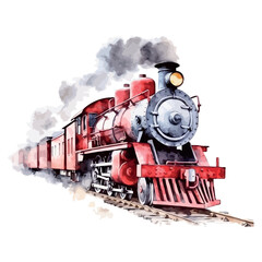 Obraz premium Vintage steam locomotive on a forest railway track, spewing smoke and power