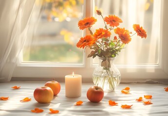 To enhance the beauty of the room, placing a beautiful vase decorated with flowers and a candle on a table in one corner of the room is an idea to create a cozy atmosphere in the room.