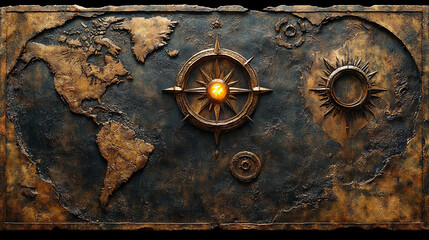 Glowing compass on antique world map, sun, moon details