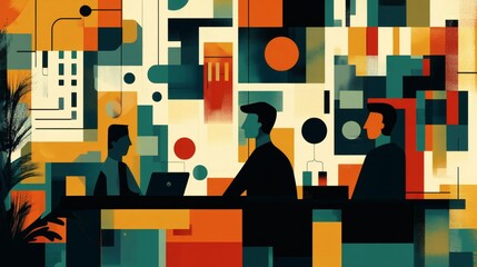 Three colleagues collaborate in a modern, abstract office setting.