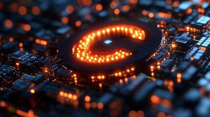 Glowing copyright symbol on circuit board with bokeh background
