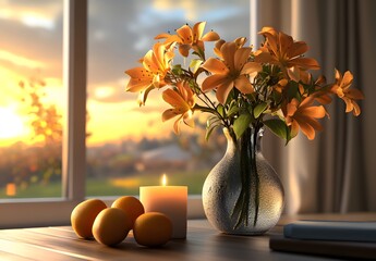 To enhance the beauty of the room, placing a beautiful vase decorated with flowers and a candle on a table in one corner of the room is an idea to create a cozy atmosphere in the room.