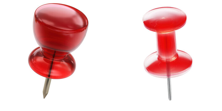 Two red push pins with metal points isolated against a plain black background space