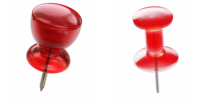 Two red push pins with metal points isolated against a plain black background space