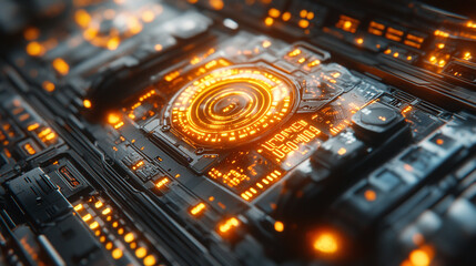 Glowing core on circuit board, data processing, server room background