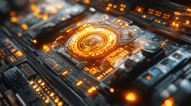 Glowing core on circuit board, data processing, server room background - Powered by Adobe