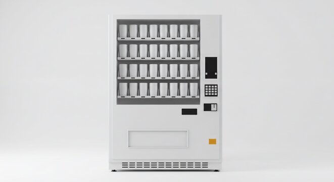 Minimalist white vending machine with cylindrical cans on a clean background