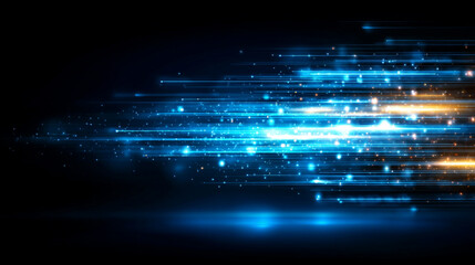 Abstract blue and gold light streaks create a dynamic futuristic background with a sense of speed and energy.