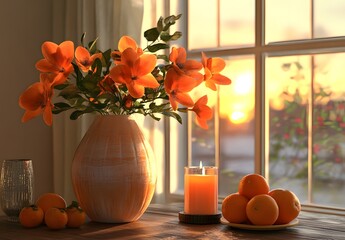 To enhance the beauty of the room, placing a beautiful vase decorated with flowers and a candle on a table in one corner of the room is an idea to create a cozy atmosphere in the room.