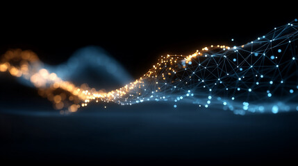 Abstract network of interconnected nodes glows with orange and blue light against a dark background.