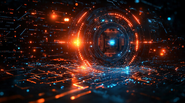 Glowing core within digital circuit network background - Powered by Adobe