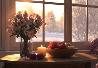 To enhance the beauty of the room, placing a beautiful vase decorated with flowers and a candle on a table in one corner of the room is an idea to create a cozy atmosphere in the room.