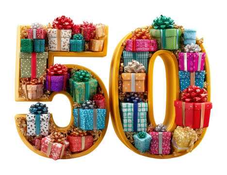 Festive 50th birthday celebration with colorful gifts vibrant environment view