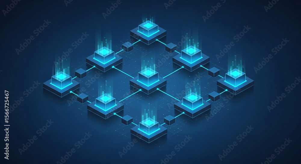 Poster blockchain network with connected nodes. cryptocurrency and distributed ledger technology concept. d
