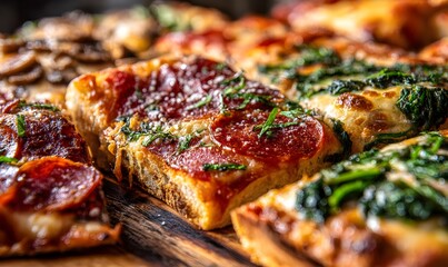 Close-up of delicious square-cut pizza slices with pepperoni, melted cheese, herbs, and greens on a wooden board. Crispy edges and vibrant toppings create a mouth-watering visual.